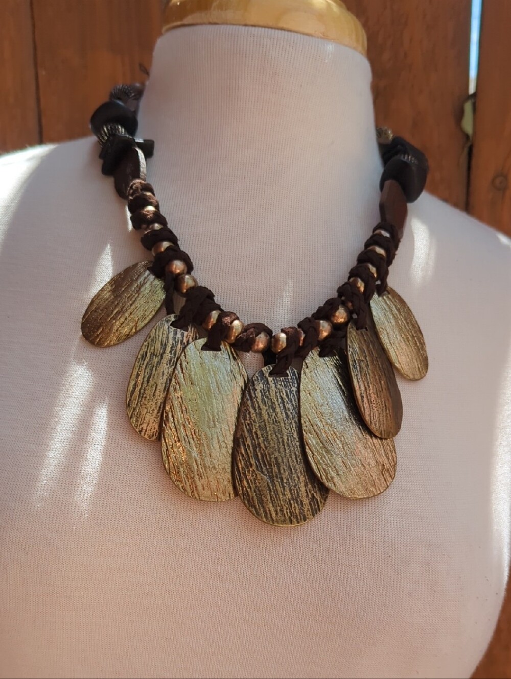 Chico's Gold-Tone Textured Teardrop Necklace with Dark Cord